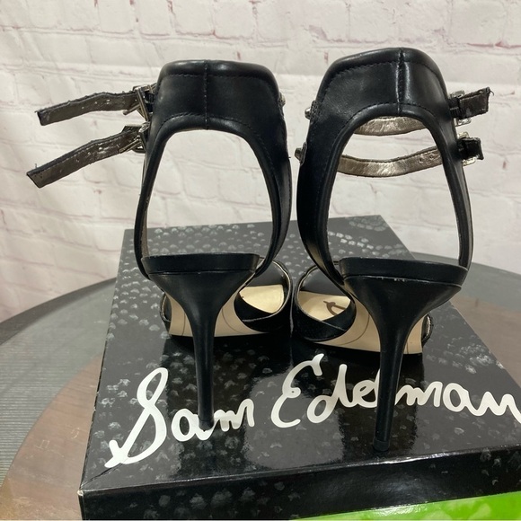 SAM EDELMAN AYDA BLACK LEATHER SNAKE SKIN EMBOSSED ANKLE STRAP SANDALS 7 - Picture 7 of 15